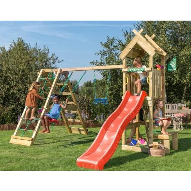 Jungle Gym Totem legetårn komplet inkl. klatremodul og rød rutschebane 804-073C2R